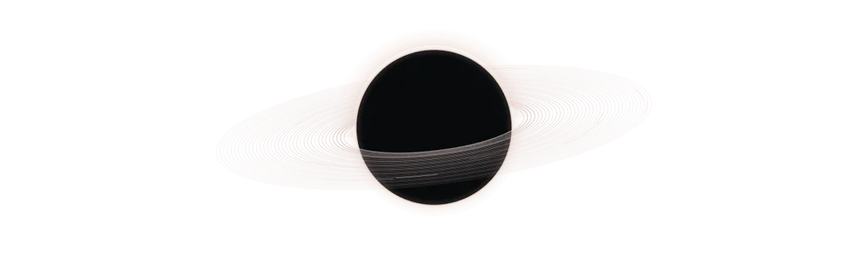 A stylized black hole with a luminous silver and rose-colored disk.