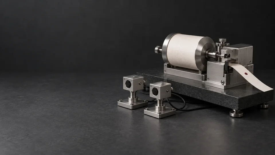 A silver recording instrument, a marked paper strip and two detector modules.