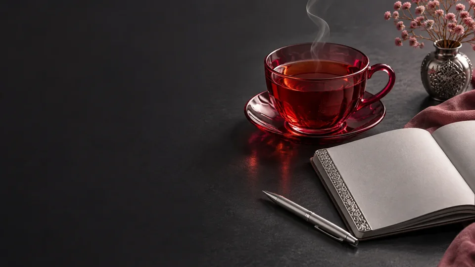 A ruby glass cup beside an open notebook and silver pen.